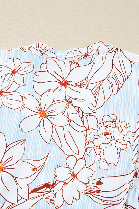 Pinstripe Floral Outline Ruffled Split Neck Long Sleeve Mini Dress